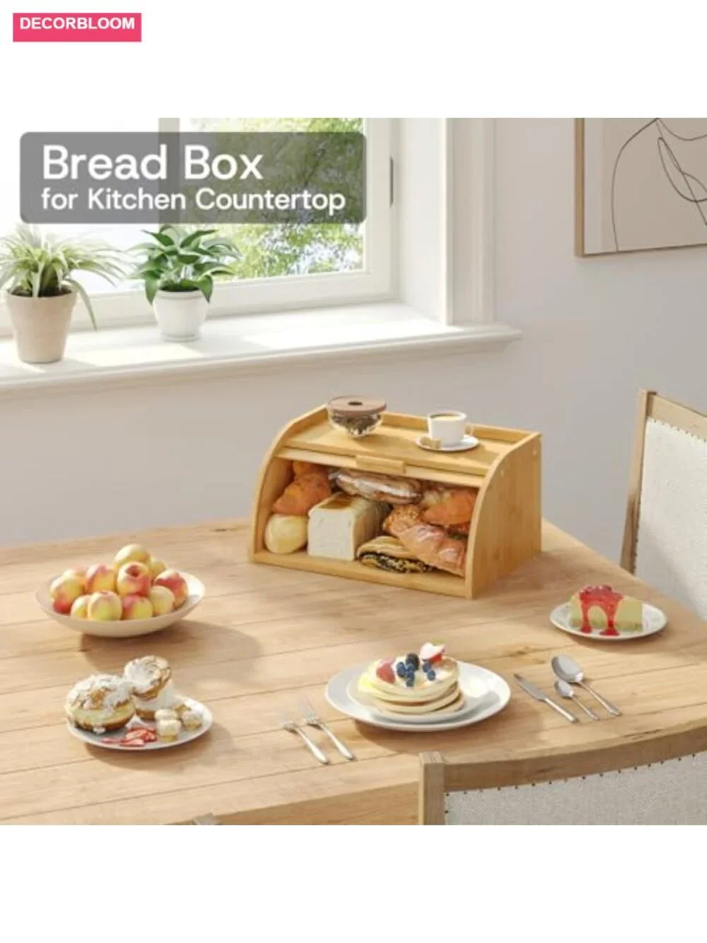 Bamboo Wood Bread Box with Roll-Top for Kitchen Countertop Storage